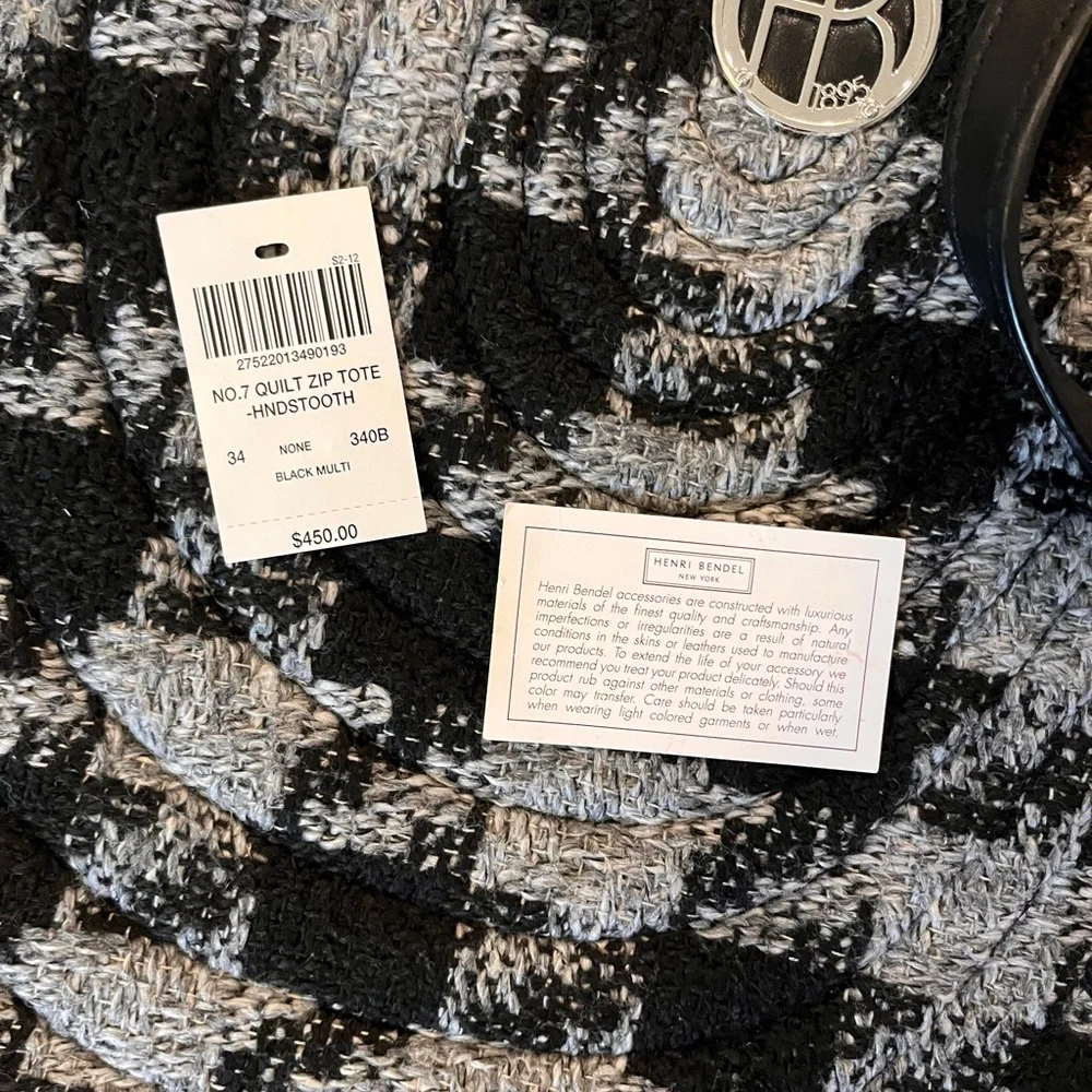 🆕 Henri Bendel No. 7 Quilt Zip Tote Black and Gray Houndstooth Shoulder Bag